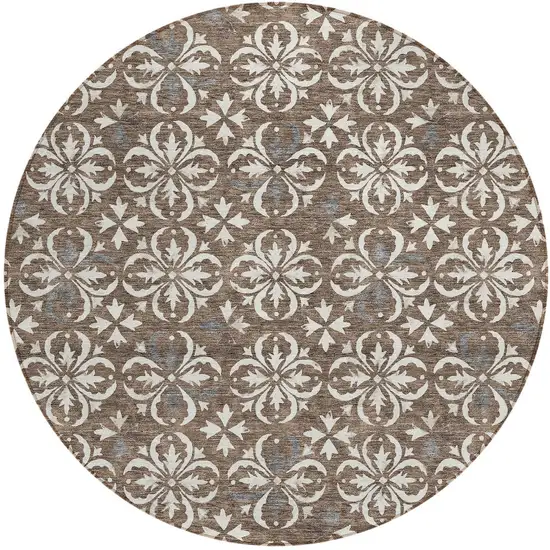 8' Brown Gray And Beige Round Floral Washable Indoor Outdoor Area Rug Photo 5