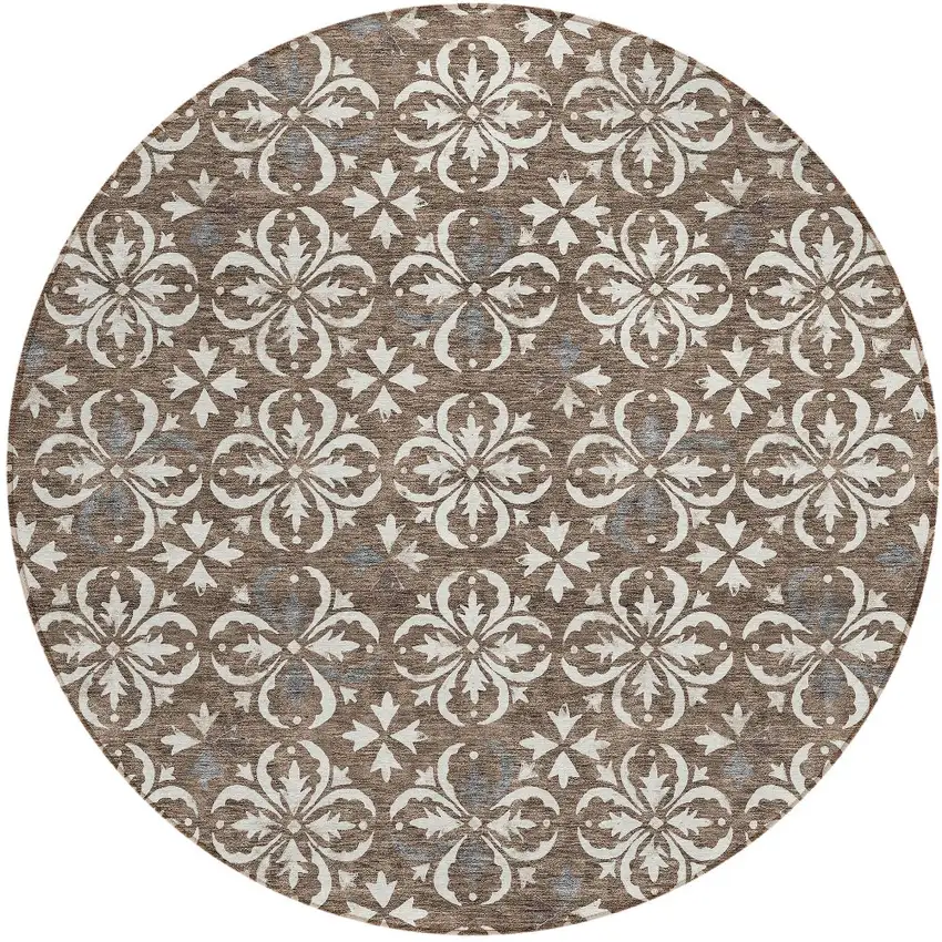 8' Brown Gray And Beige Round Floral Washable Indoor Outdoor Area Rug Photo 5