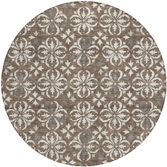 8' Brown Gray And Beige Round Floral Washable Indoor Outdoor Area Rug Photo 2