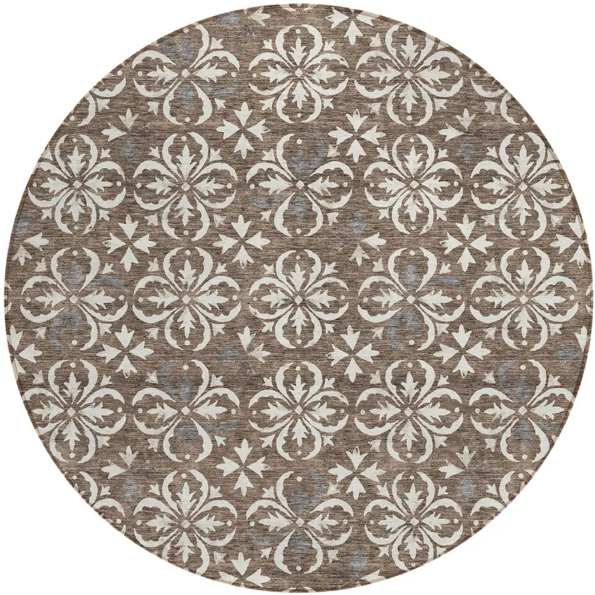 8' Brown Gray And Beige Round Floral Washable Indoor Outdoor Area Rug Photo 2