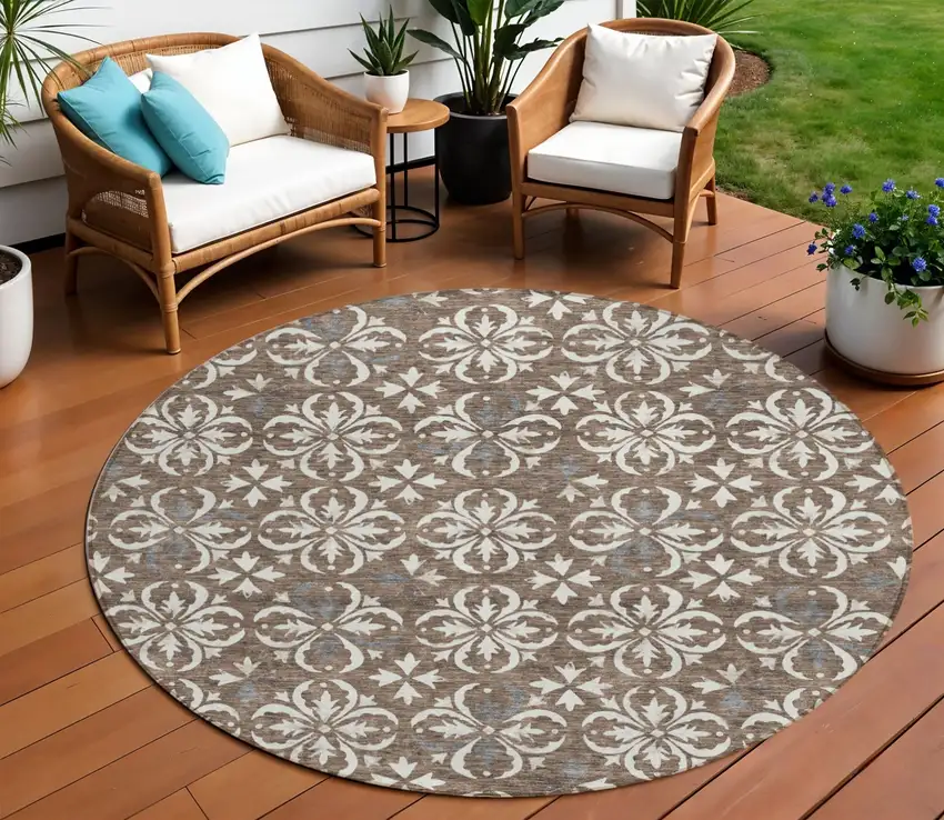 8' Brown Gray And Beige Round Floral Washable Indoor Outdoor Area Rug Photo 1
