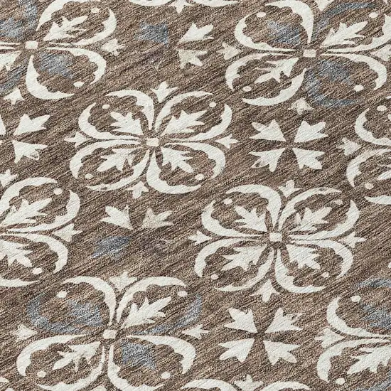 8' Brown Gray And Beige Round Floral Washable Indoor Outdoor Area Rug Photo 8