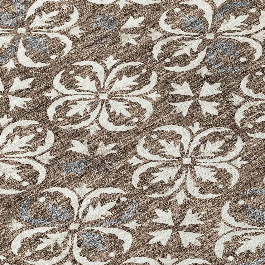 8' Brown Gray And Beige Round Floral Washable Indoor Outdoor Area Rug Photo 8