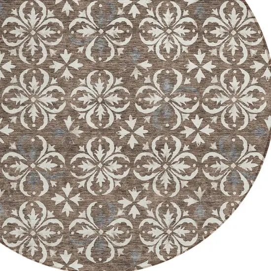 8' Brown Gray And Beige Round Floral Washable Indoor Outdoor Area Rug Photo 4