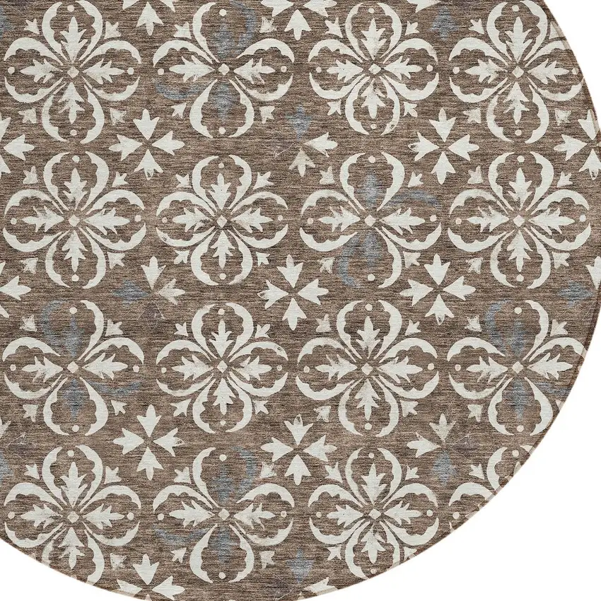 8' Brown Gray And Beige Round Floral Washable Indoor Outdoor Area Rug Photo 4