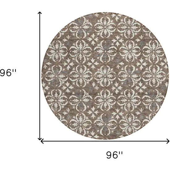 8' Brown Gray And Beige Round Floral Washable Indoor Outdoor Area Rug Photo 3