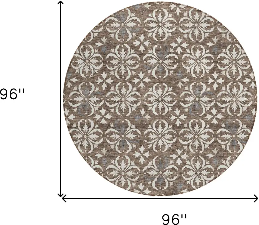 8' Brown Gray And Beige Round Floral Washable Indoor Outdoor Area Rug Photo 3