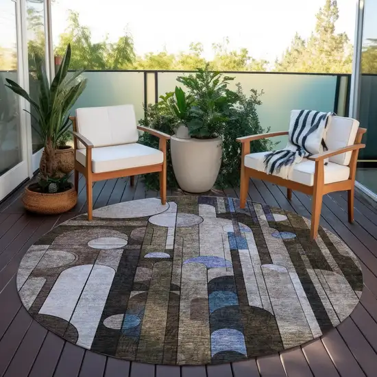 8' Brown Gray And Blue Round Geometric Washable Indoor Outdoor Area Rug Photo 7