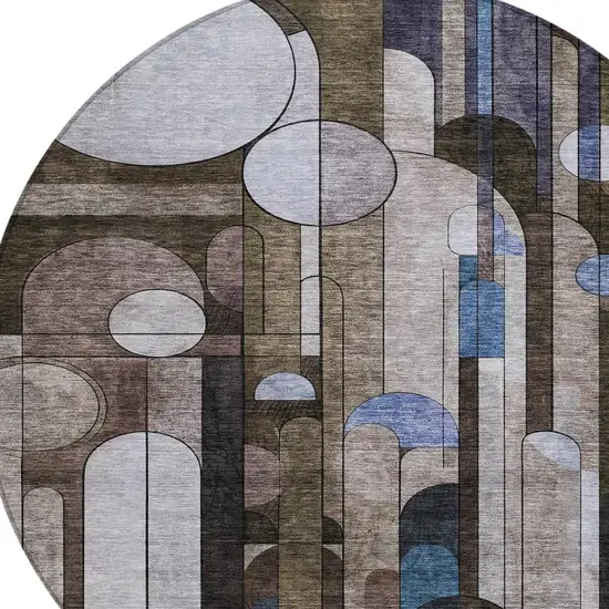8' Brown Gray And Blue Round Geometric Washable Indoor Outdoor Area Rug Photo 5