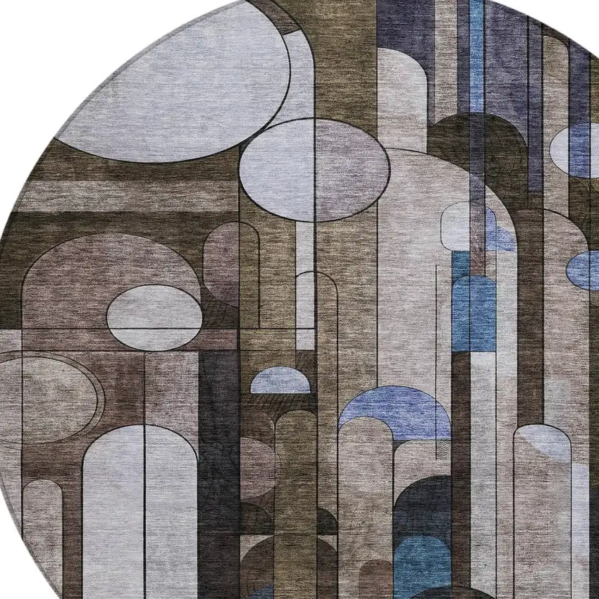 8' Brown Gray And Blue Round Geometric Washable Indoor Outdoor Area Rug Photo 5