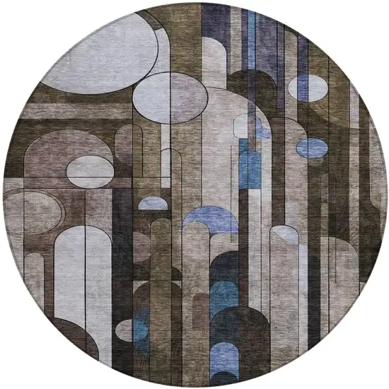 8' Brown Gray And Blue Round Geometric Washable Indoor Outdoor Area Rug Photo 2