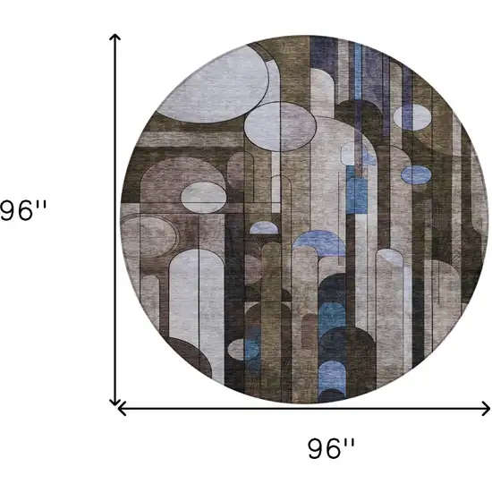 8' Brown Gray And Blue Round Geometric Washable Indoor Outdoor Area Rug Photo 9