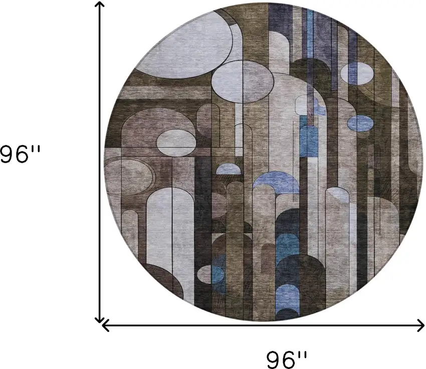 8' Brown Gray And Blue Round Geometric Washable Indoor Outdoor Area Rug Photo 9
