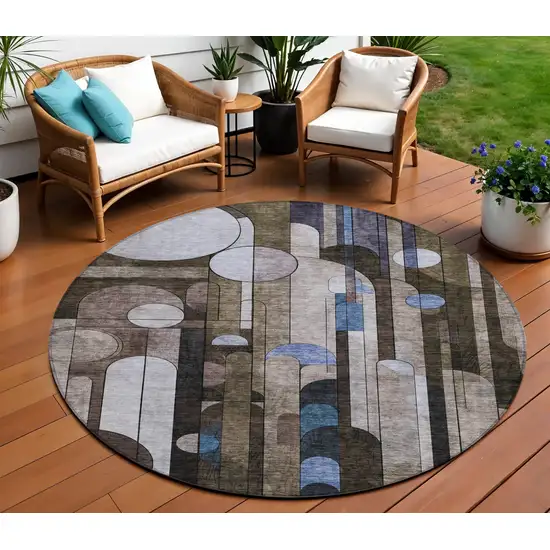 8' Brown Gray And Blue Round Geometric Washable Indoor Outdoor Area Rug Photo 1