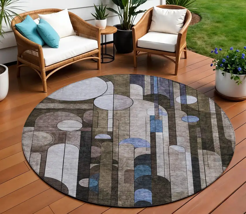 8' Brown Gray And Blue Round Geometric Washable Indoor Outdoor Area Rug Photo 1