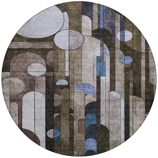 8' Brown Gray And Blue Round Geometric Washable Indoor Outdoor Area Rug Photo 6