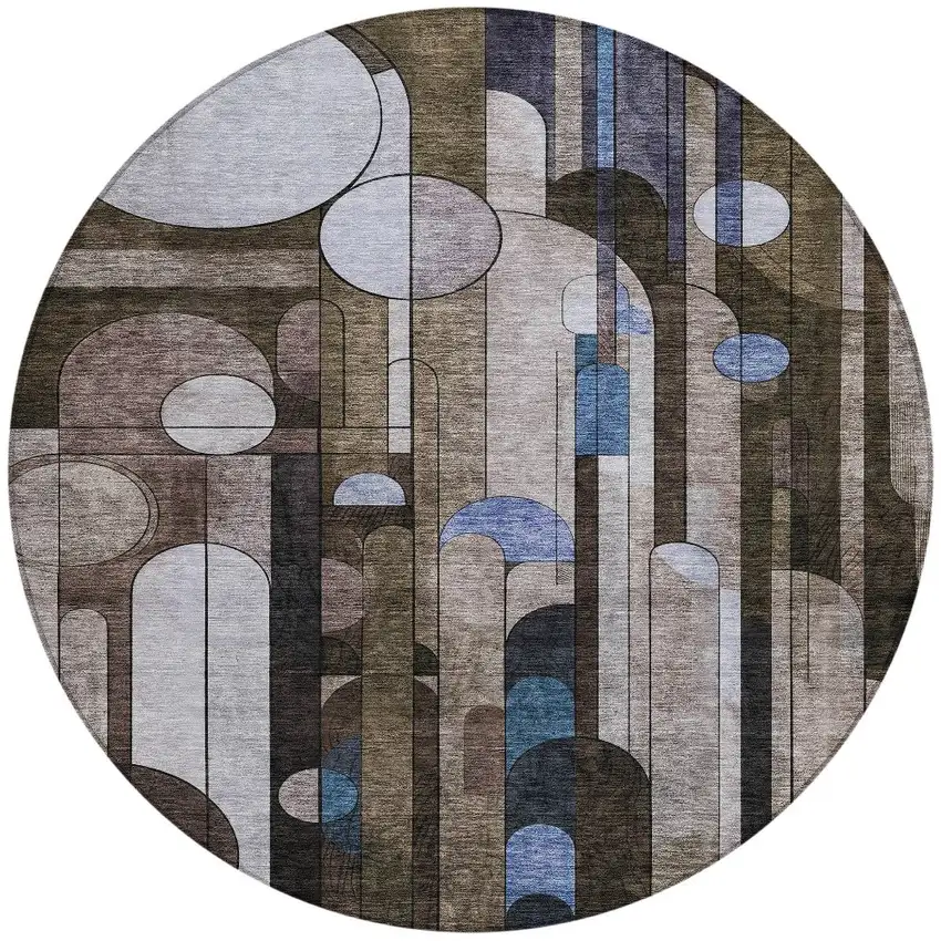 8' Brown Gray And Blue Round Geometric Washable Indoor Outdoor Area Rug Photo 6