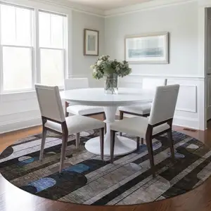Photo of 8' Brown Gray And Blue Round Geometric Washable Indoor Outdoor Area Rug