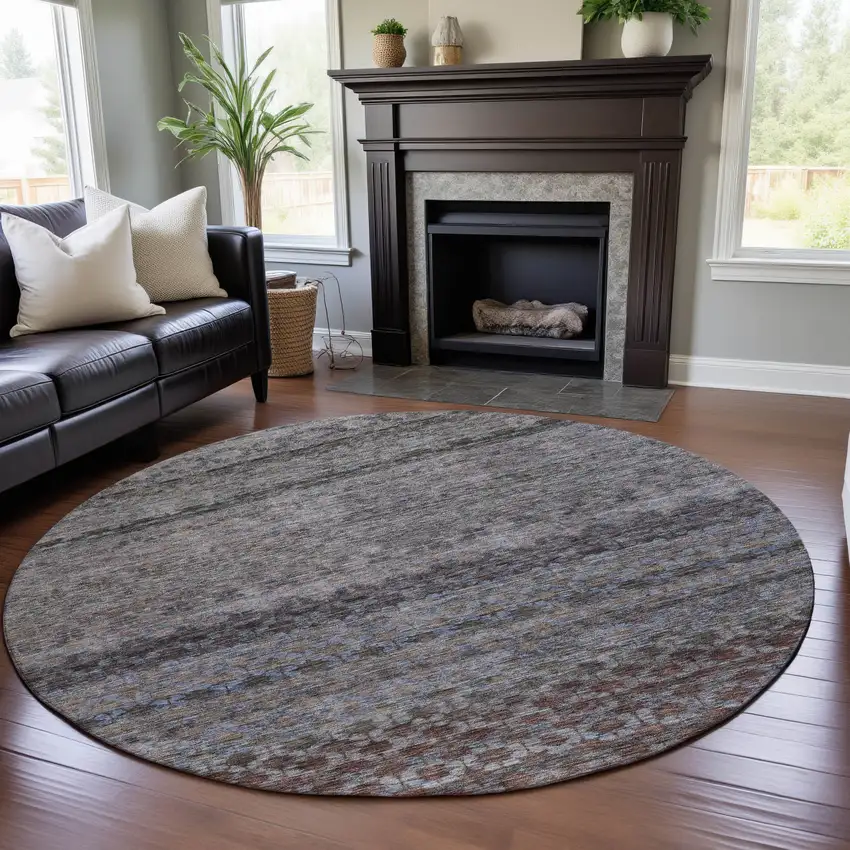 8' Brown Gray And Blue Striped Washable Round Rug With UV Protection Photo 4