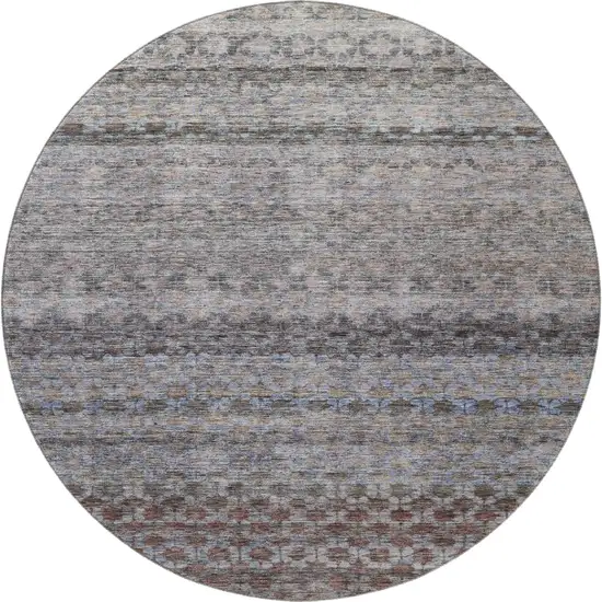 8' Brown Gray And Blue Striped Washable Round Rug With UV Protection Photo 3