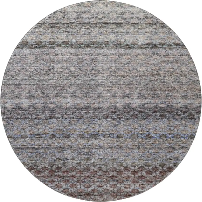 8' Brown Gray And Blue Striped Washable Round Rug With UV Protection Photo 3
