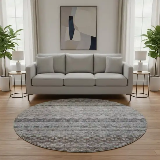 8' Brown Gray And Blue Striped Washable Round Rug With UV Protection Photo 2