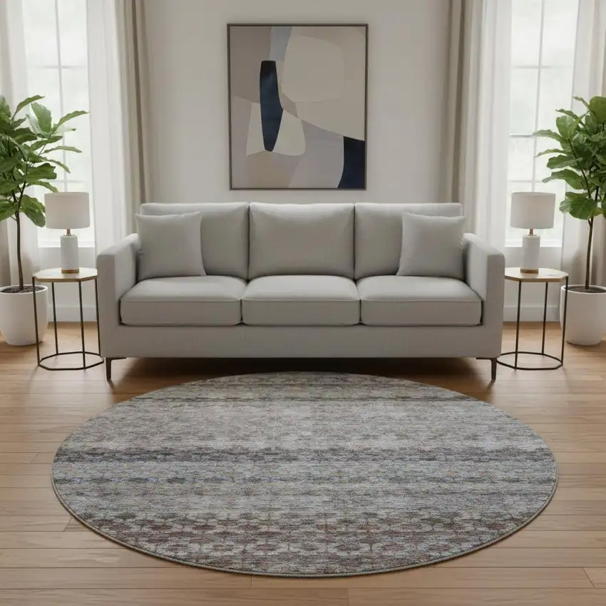 8' Brown Gray And Blue Striped Washable Round Rug With UV Protection Photo 2