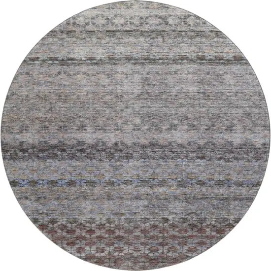 8' Brown Gray And Blue Striped Washable Round Rug With UV Protection Photo 1