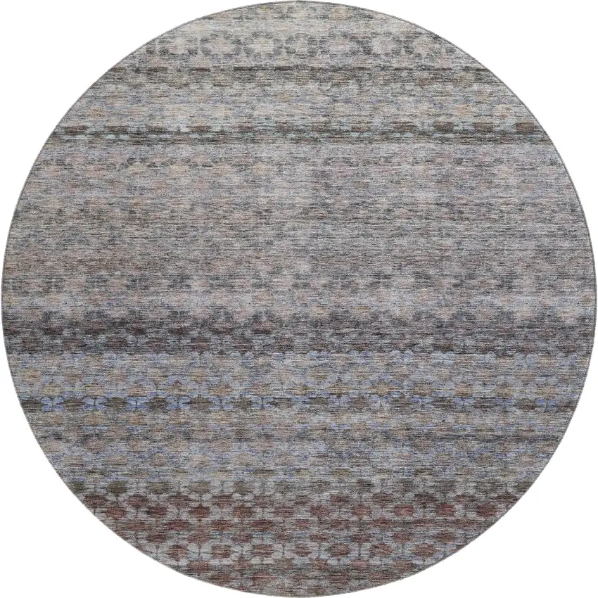 8' Brown Gray And Blue Striped Washable Round Rug With UV Protection Photo 1