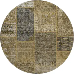 Photo of 8' Brown Gray And Charcoal Patchwork Washable Round Rug With UV Protection