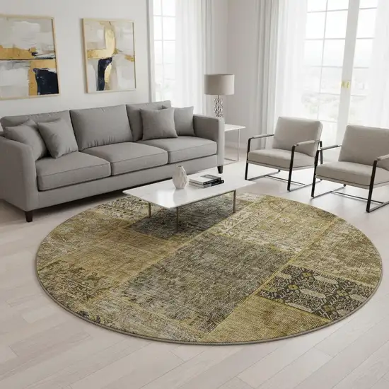 8' Brown Gray And Charcoal Patchwork Washable Round Rug With UV Protection Photo 2