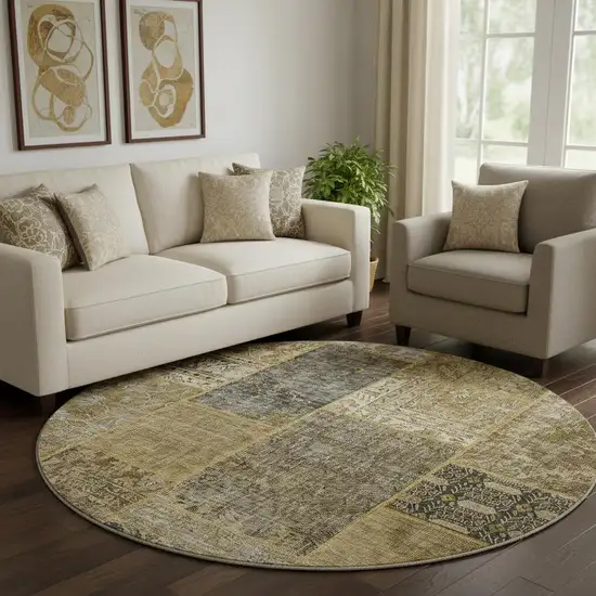 8' Brown Gray And Charcoal Patchwork Washable Round Rug With UV Protection Photo 1