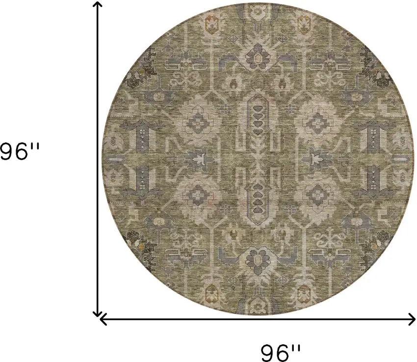 8' Brown Gray And Charcoal Round Oriental Washable Indoor Outdoor Area Rug Photo 8