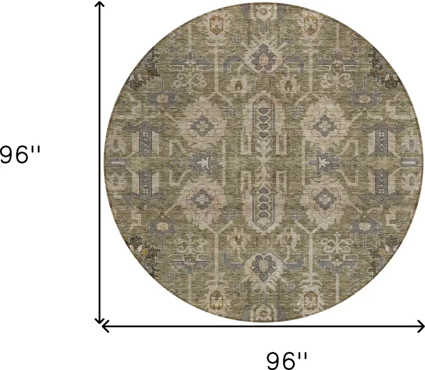 8' Brown Gray And Charcoal Round Oriental Washable Indoor Outdoor Area Rug Photo 8