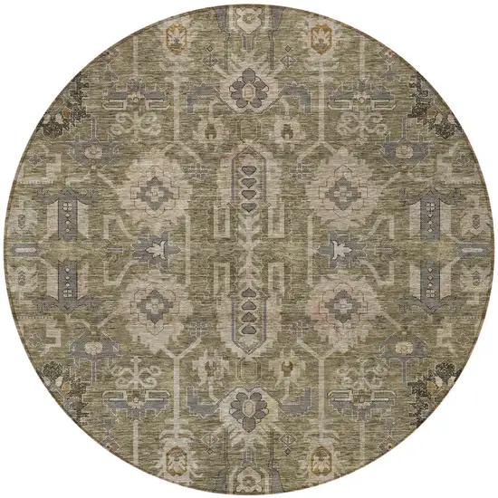 8' Brown Gray And Charcoal Round Oriental Washable Indoor Outdoor Area Rug Photo 5