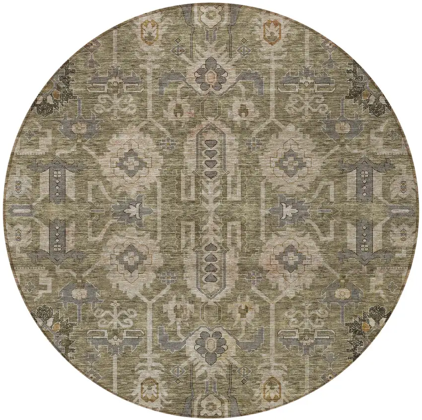 8' Brown Gray And Charcoal Round Oriental Washable Indoor Outdoor Area Rug Photo 5