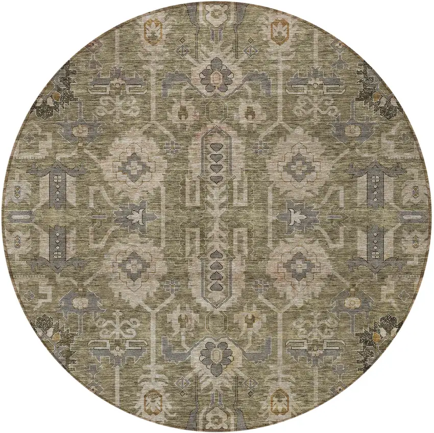 8' Brown Gray And Charcoal Round Oriental Washable Indoor Outdoor Area Rug Photo 5