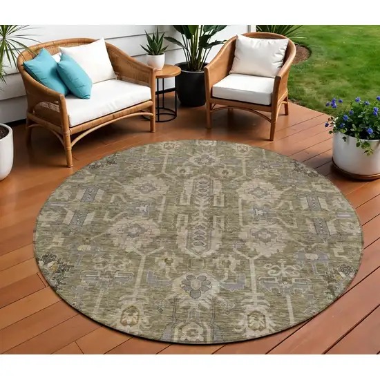 8' Brown Gray And Charcoal Round Oriental Washable Indoor Outdoor Area Rug Photo 1