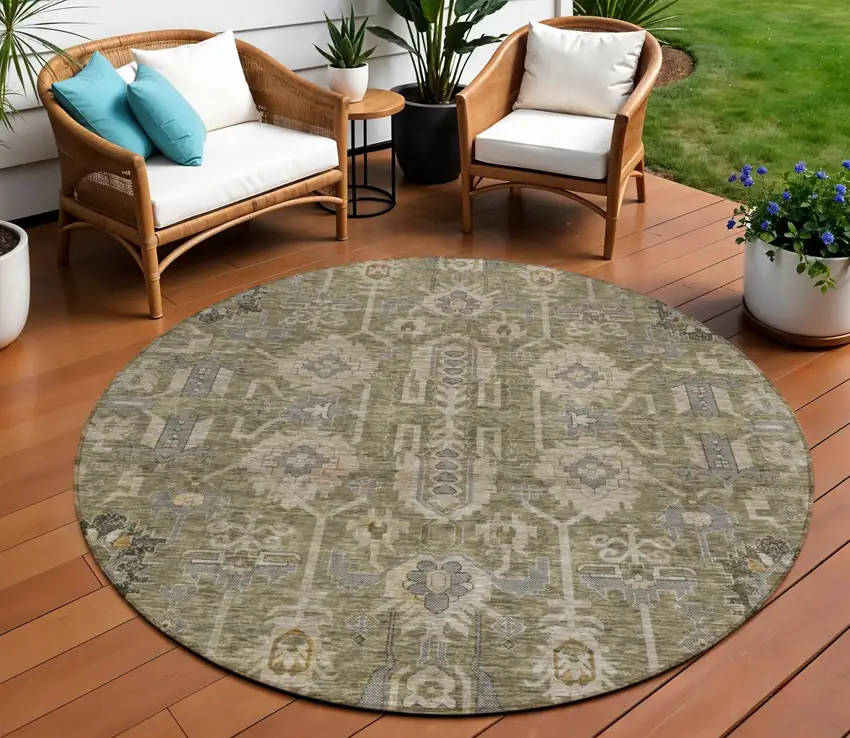 8' Brown Gray And Charcoal Round Oriental Washable Indoor Outdoor Area Rug Photo 1