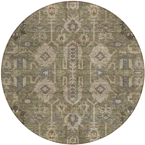 8' Brown Gray And Charcoal Round Oriental Washable Indoor Outdoor Area Rug Photo 1