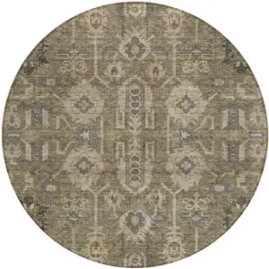 Photo of 8' Brown Gray And Charcoal Round Oriental Washable Indoor Outdoor Area Rug