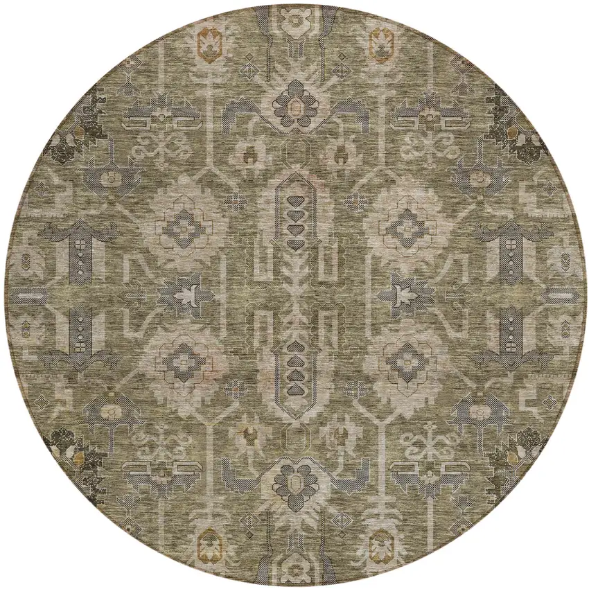 8' Brown Gray And Charcoal Round Oriental Washable Indoor Outdoor Area Rug Photo 1
