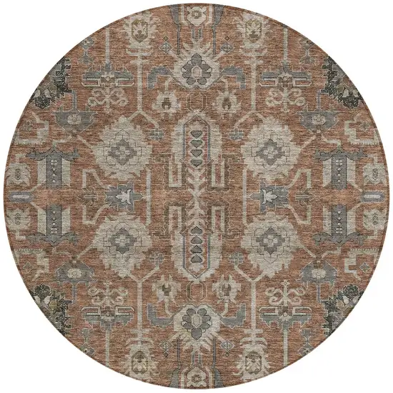 8' Brown Gray And Charcoal Round Oriental Washable Indoor Outdoor Area Rug Photo 5