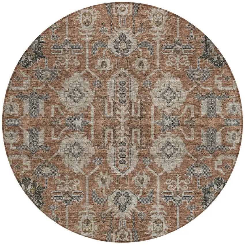 8' Brown Gray And Charcoal Round Oriental Washable Indoor Outdoor Area Rug Photo 5