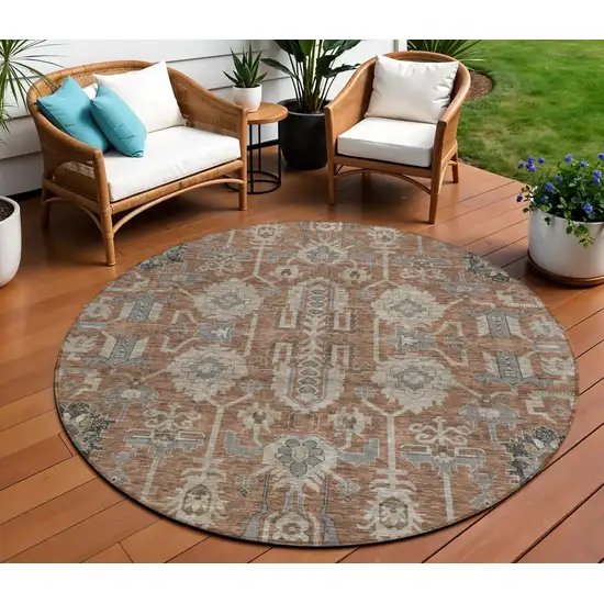 8' Brown Gray And Charcoal Round Oriental Washable Indoor Outdoor Area Rug Photo 1