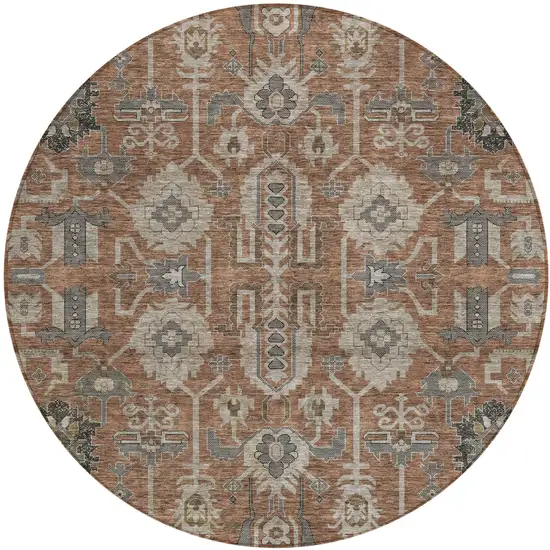 8' Brown Gray And Charcoal Round Oriental Washable Indoor Outdoor Area Rug Photo 1