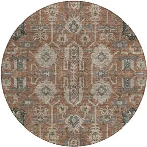Photo of 8' Brown Gray And Charcoal Round Oriental Washable Indoor Outdoor Area Rug