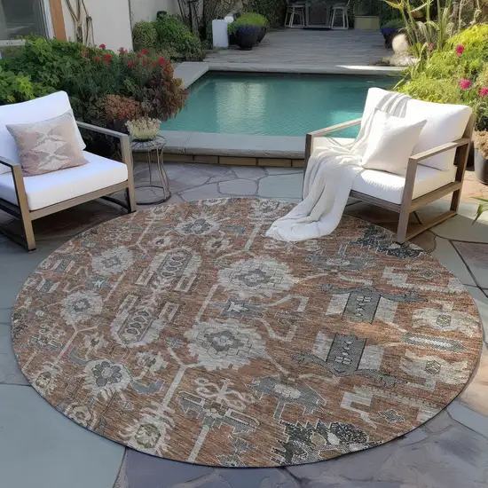 8' Brown Gray And Charcoal Round Oriental Washable Indoor Outdoor Area Rug Photo 7