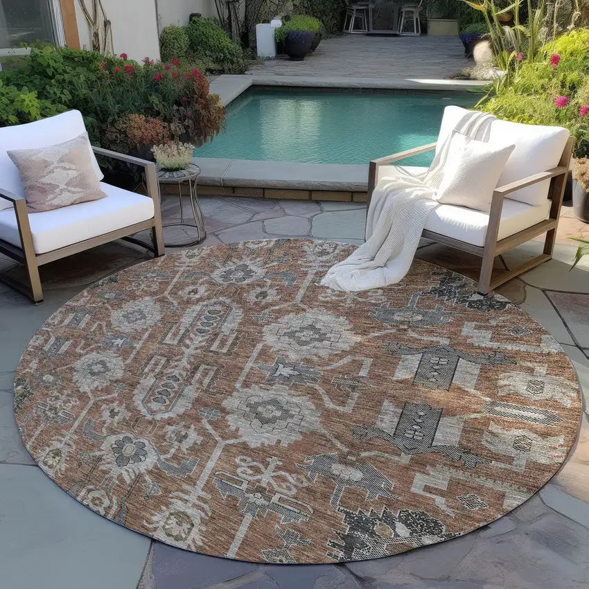 8' Brown Gray And Charcoal Round Oriental Washable Indoor Outdoor Area Rug Photo 7