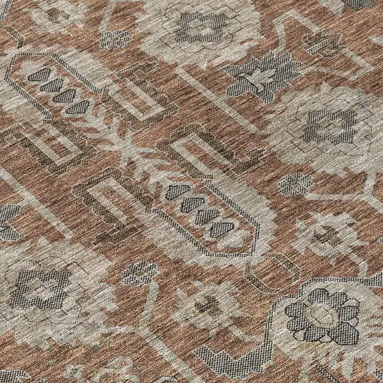 8' Brown Gray And Charcoal Round Oriental Washable Indoor Outdoor Area Rug Photo 4